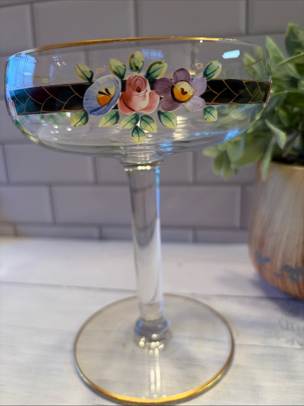 Hand-Painted Floral Crystal Champagne Coupe - Clear with Pink & Purple Flowers
